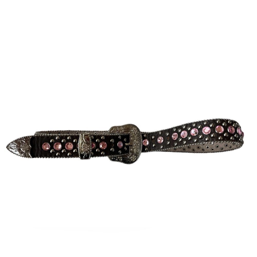 Y2K Brown & Pink Studded Bejewled Western Cowgirl Leather Belt 31"